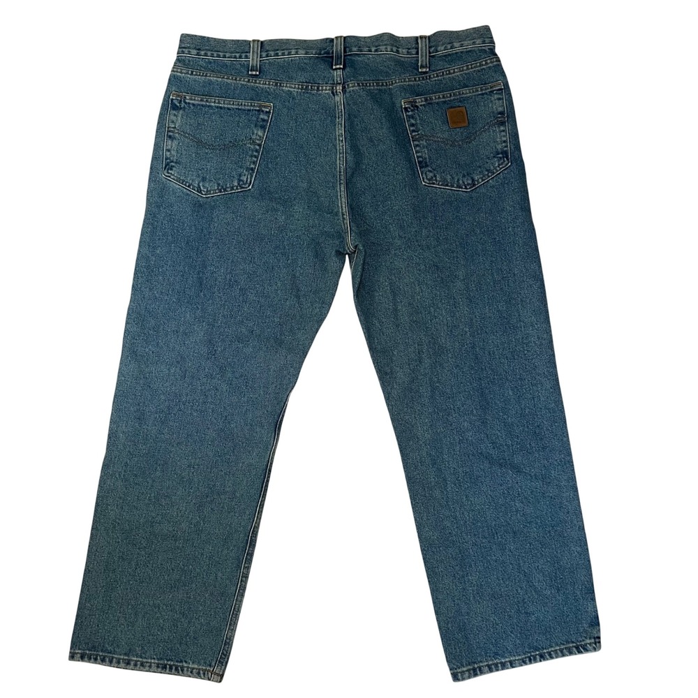 VTG Carhartt Jeans Mens 42x30 Blue Traditional Fit Leather Patch Straight Leg